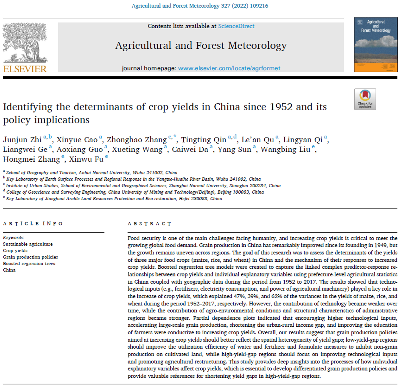 Identifying the determinants of crop yields in China since 1952 and its policy implications