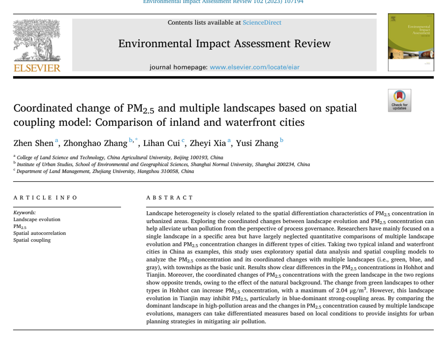 Coordinated change of PM2.5 and multiple landscapes based on spatial coupling model: Comparison of inland and waterfront cities